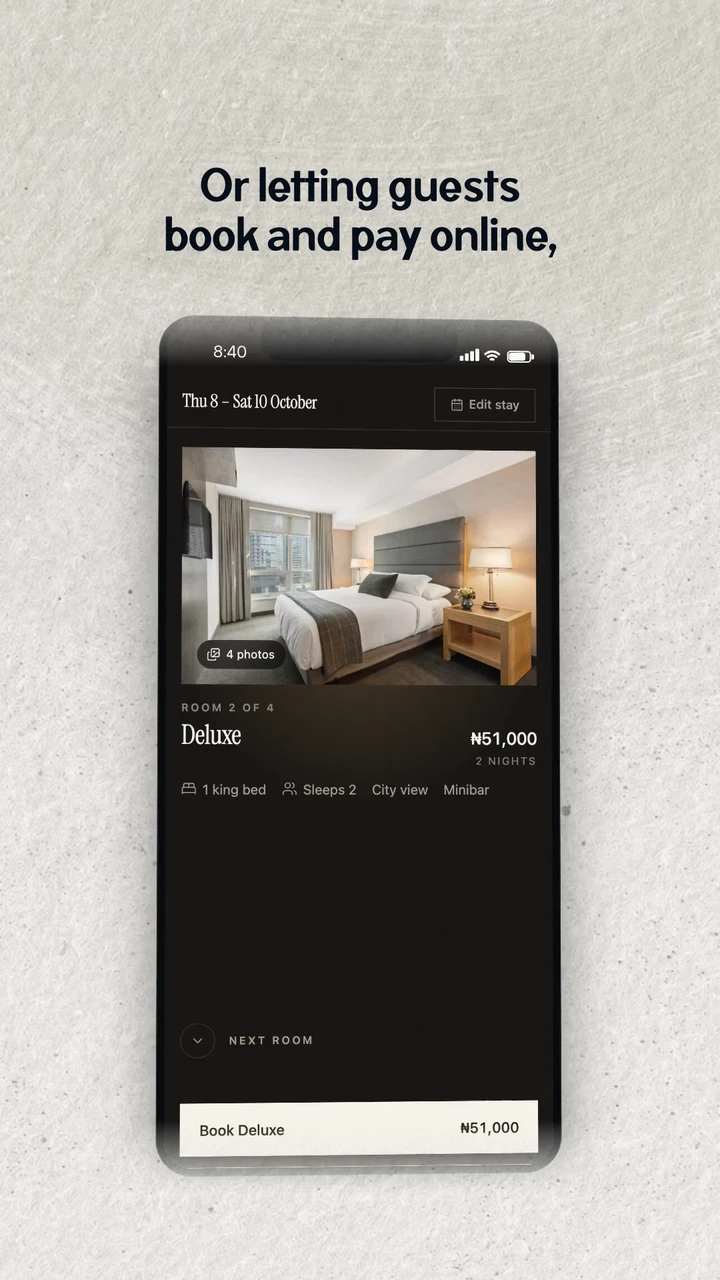 Janus direct booking on a phone, from the hotel product film